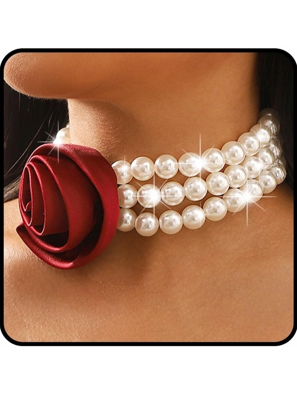 Pearl Triple-Strand Choker with Red Rose Accent